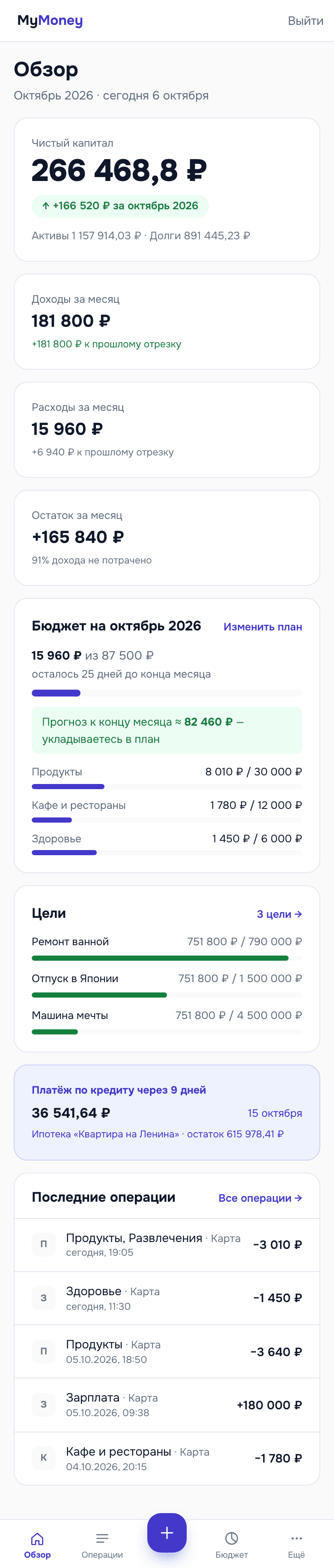 Кабинет на телефоне: нижняя навигация с пунктами Обзор, Операции, Бюджет и кнопкой добавления операции